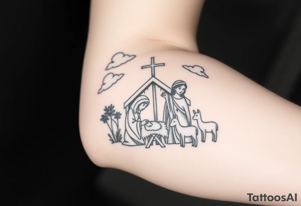 HALF SLEEVE forearm IDEA:
clouds
angel with wings portrait 
cross
The Nativity: The birth of Jesus in a manger, surrounded by Mary, Joseph, shepherds, and animals. It symbolizes hope and the beginning of Christ's life on Earth. tattoo idea