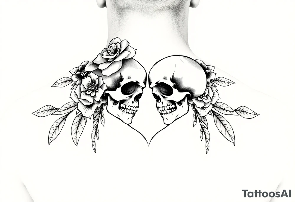 Feminie floral couple love tattoo with skulls tattoo idea