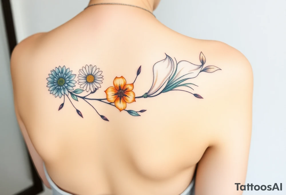 This tattoo is on a woman. It is a line of flowers connected by a single stem. It starts on her left side of the chest with a Glaiolus and Daisy together, then the tatoo rises over the left shoulder and down the arm and ends at the elbow. The tattoo will include a primrose, Calla Lily, and a Lilly. It will be light on color except in the petals and has light shading to make it pop. tattoo idea