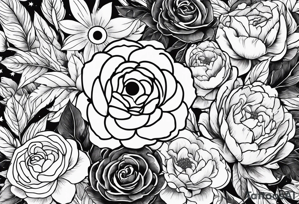 Peonies leaves roses evil eye moon stars triangles tattoo idea