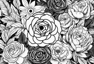 Peonies leaves roses evil eye moon stars triangles tattoo idea