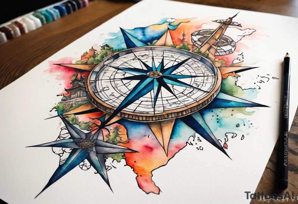 Travel themed for thigh, compass rose overlaid with a landmarks in and around it, spilled watercolor and tiny C130 silhouette tattoo idea