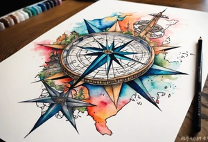 Travel themed for thigh, compass rose overlaid with a landmarks in and around it, spilled watercolor and tiny C130 silhouette tattoo idea