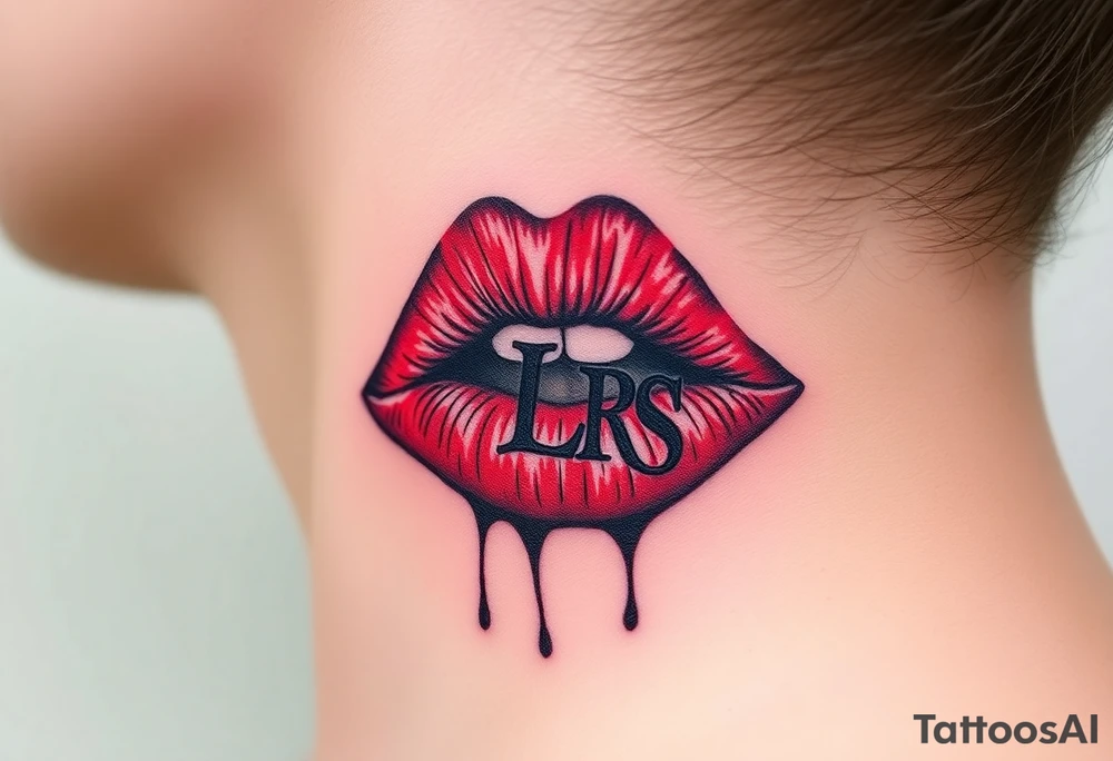 Stain from lipstick kiss with initial lowercase lrs with spit tattoo idea