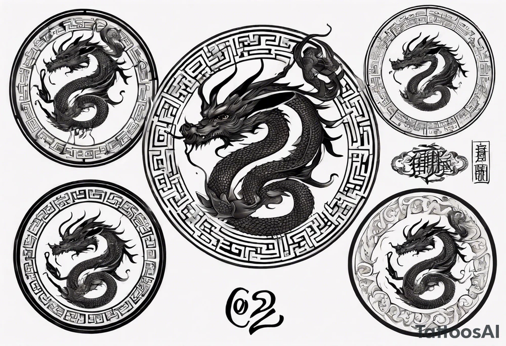 Chinese dragon in a circular shape with "02.03" written on its skin tattoo idea