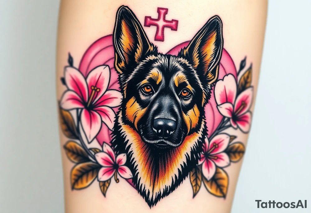 tough looking short haired german shepherd with alert ears surrounded by pink lilies with large leaves in front of a sacred heart tattoo idea