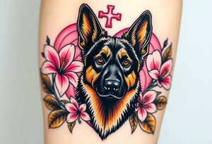 tough looking short haired german shepherd with alert ears surrounded by pink lilies with large leaves in front of a sacred heart tattoo idea