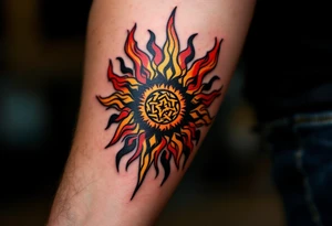 The fiery blend of red, yellow, and black in this Celtic sun tattoo creates a tribal blaze on the thigh. tattoo idea