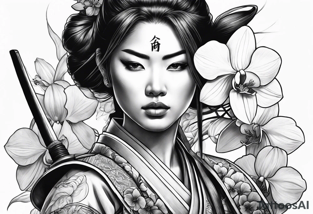 Female samurai with sword and orchids tattoo idea