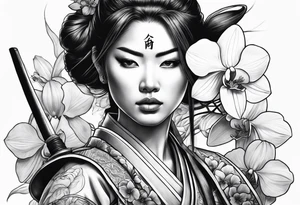 Female samurai with sword and orchids tattoo idea