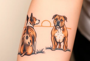 a merle australian cattle dog and a tan pitbull standing looking out over into the sunset tattoo idea