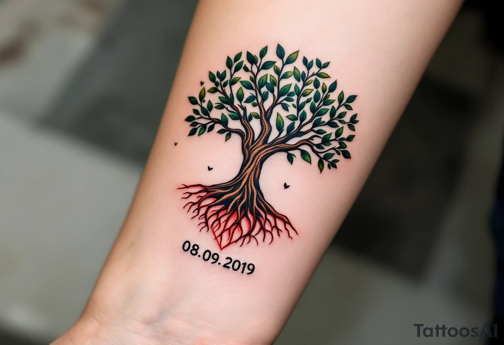 A tree with a strong trunk, and the roots forming a heart shape at the base with date "08. 09. 2019". Small leaves gently flutter around the branches. Earthy browns for the trunk, rich green for the leaves, and soft red and pink tones for the heart-shaped roots. tattoo idea