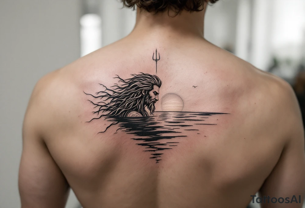 trident with Poseidon half way under calm water at sunset tattoo idea
