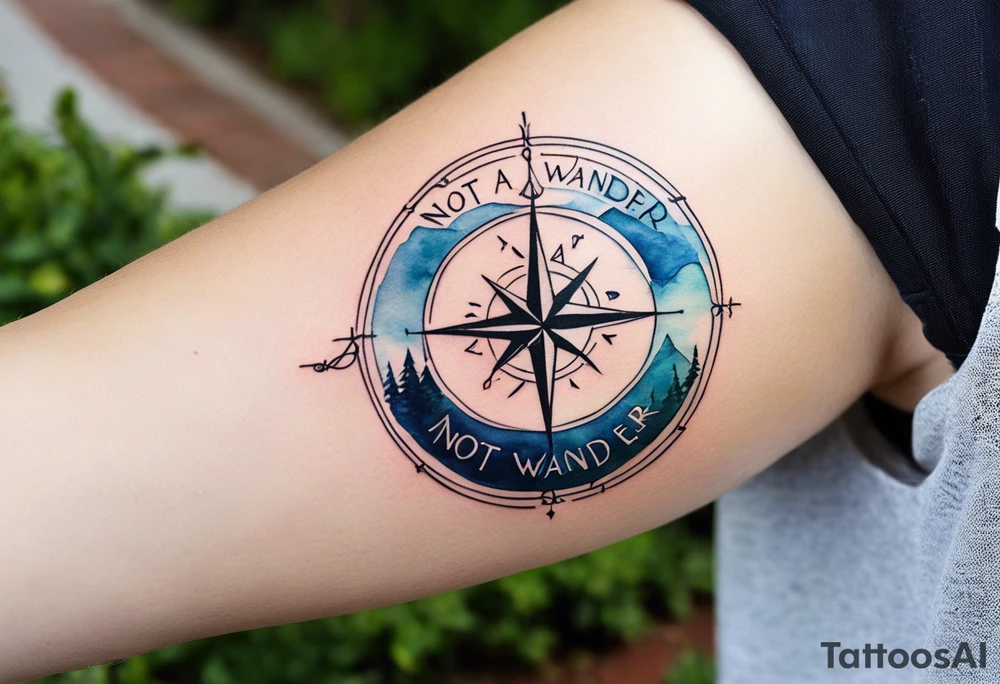 A half sleeve tattoo that features the quote **"Not all who wander are lost"** in elegant script on the outer forearm. Surrounding it are a compass rose and flowing elements like mountains, waves, and trees, symbolizing adventure and nature. Small travel icons like a plane and backpack are interspersed, enhancing the theme of exploration. The design uses a watercolor style with soft colors, creating a cohesive, dynamic look that wraps naturally around your forearm tattoo idea
