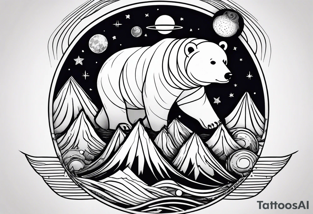 line tatoo beginning with mountains and a polar bear, also has planets, Luffy's  hat, an open book, music and a sword. The whole tatoo is under a skull tattoo idea