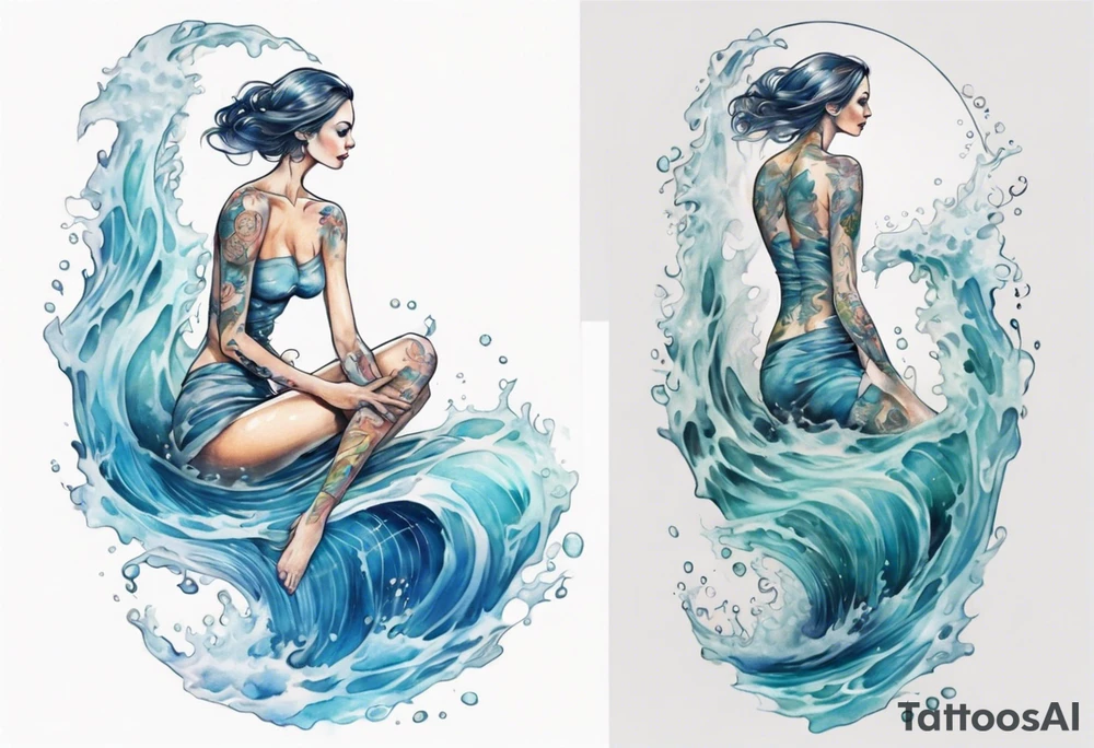 a tall transparent woman made of glass covered with water, sitting upon a wave tattoo idea
