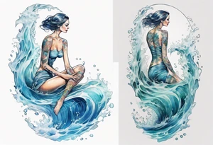 a tall transparent woman made of glass covered with water, sitting upon a wave tattoo idea