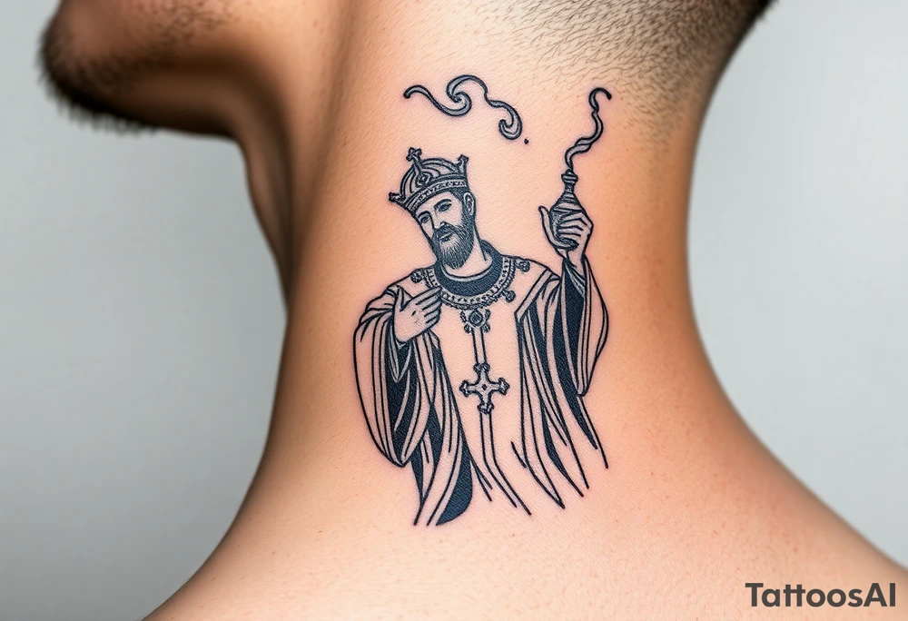 Russian Orthodox Priest in a fully detailed gold vestment swinging a censer with smoke curling upward tattoo idea