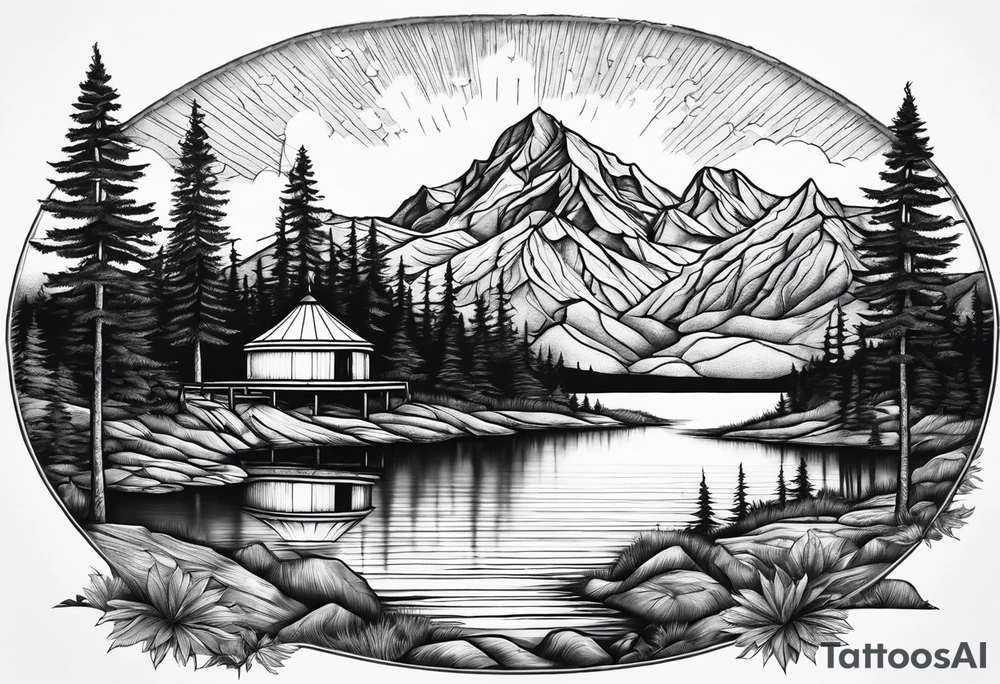 mountains, lake, yurt, sun, road tattoo idea