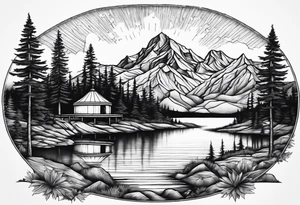 mountains, lake, yurt, sun, road tattoo idea