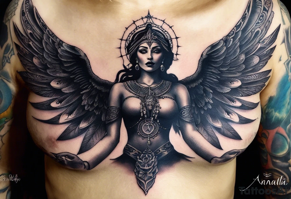 black kali, goddess pirate, alien, angel, pachamama, valkrye, warrior, flying, skull, lotus azul, wing, eagle, zenza resonance, stars, 5D, anahata chakra, death, durga, riding on a tiger, flying lady, chest tatoo tattoo idea