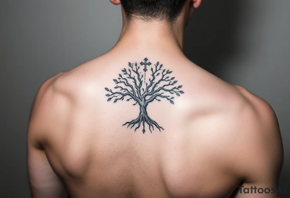 Strong tree inside start constellation map with a cross tattoo idea