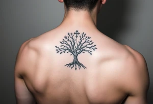 Strong tree inside start constellation map with a cross tattoo idea