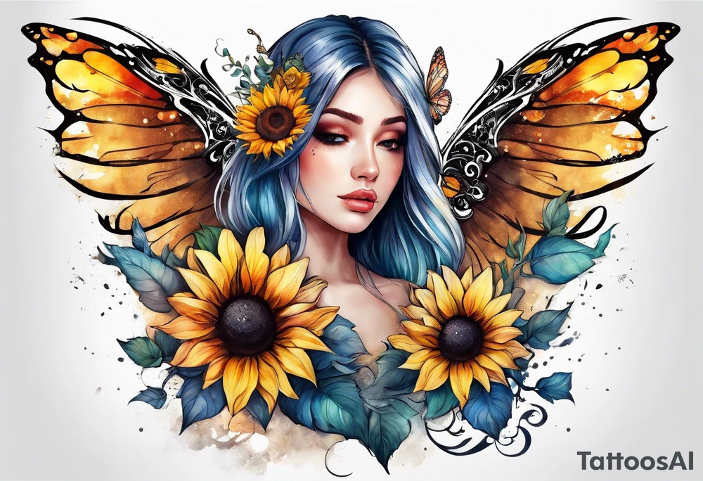 Sleeve with angel wings, sunflower and butterfly tattoo idea