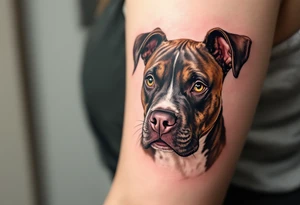 Color Realism Stafford – A full-color tattoo of a brindle Staffordshire Bull Terrier with realistic brown, tan, and black coat shading and piercing amber eyes. tattoo idea