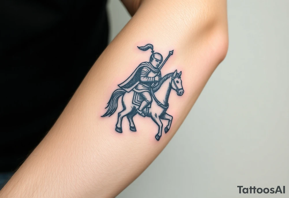 medieval woodcut knight on a childs hobby horse toy tattoo idea