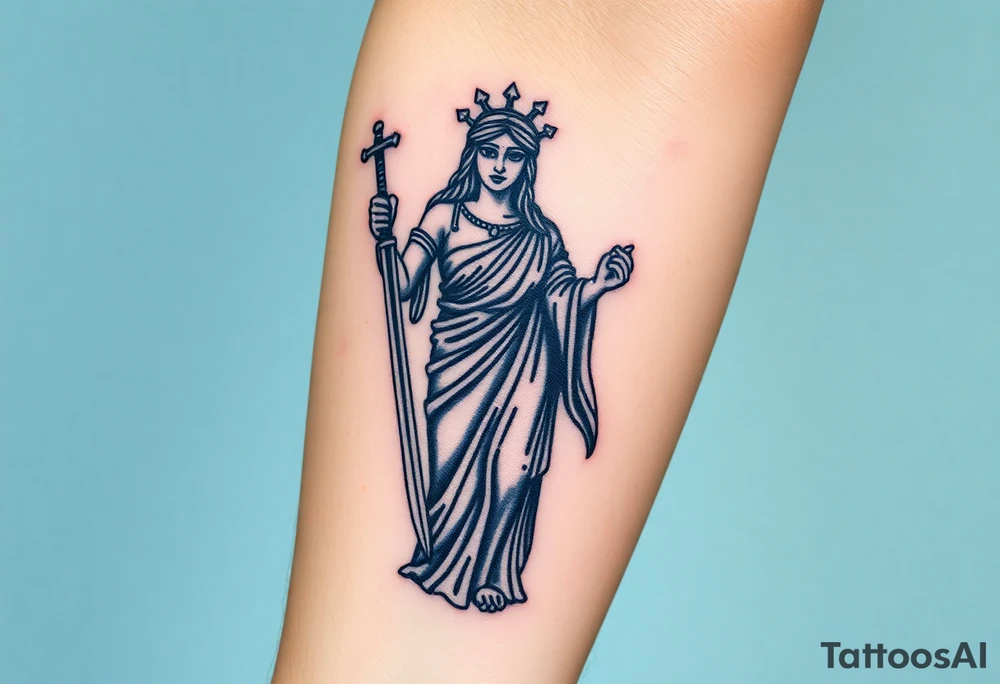 Lady Justice tattoo, holding sword at her side, roman robe, cape, powerful, with blindfold tattoo idea