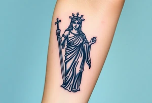 Lady Justice tattoo, holding sword at her side, roman robe, cape, powerful, with blindfold tattoo idea