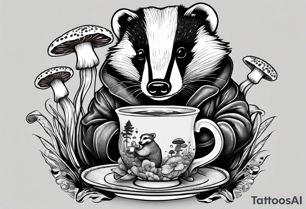 Badger in a coat with a teacup sitting on a mushroom tattoo idea