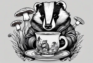 Badger in a coat with a teacup sitting on a mushroom tattoo idea