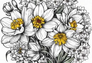 Narcissus, Chrysanthemum,
Cosmos, snow drop that shows all the flower stems for the back of the arm. Fine line. In a flower bouquet that you buy at the store tattoo idea