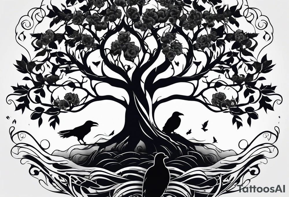 Tree of life with water, ravens, tattoo idea