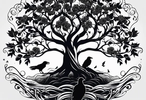 Tree of life with water, ravens, tattoo idea