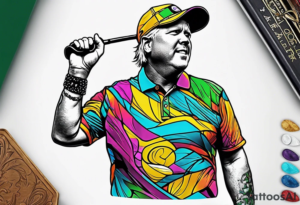 Golfer John Daly wearing the Infinity Gauntlet on one hand and holding a putter on the other hand on the 18th hole of the Masters. tattoo idea