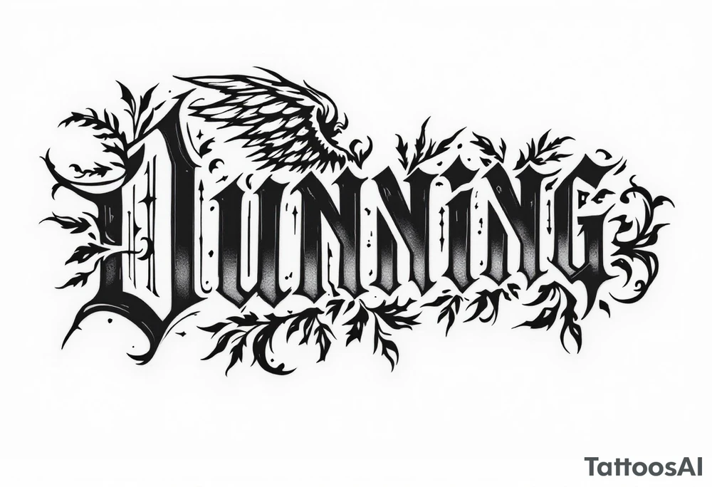 Dunning,on left forearm details include angel wing, greek type of font,jungle leaves , tiger claw scratch tattoo idea