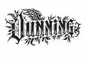 Dunning,on left forearm details include angel wing, greek type of font,jungle leaves , tiger claw scratch tattoo idea