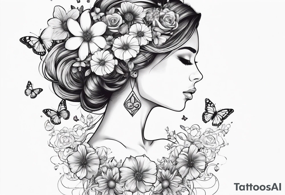 Out line of a woman from below her head holding a heart with flowers sprouting from the top of the heart into her head and butterflies flying around the flowers tattoo idea