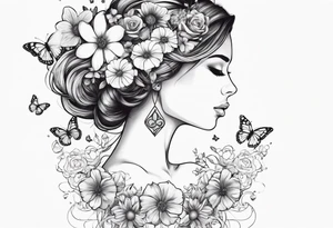 Out line of a woman from below her head holding a heart with flowers sprouting from the top of the heart into her head and butterflies flying around the flowers tattoo idea