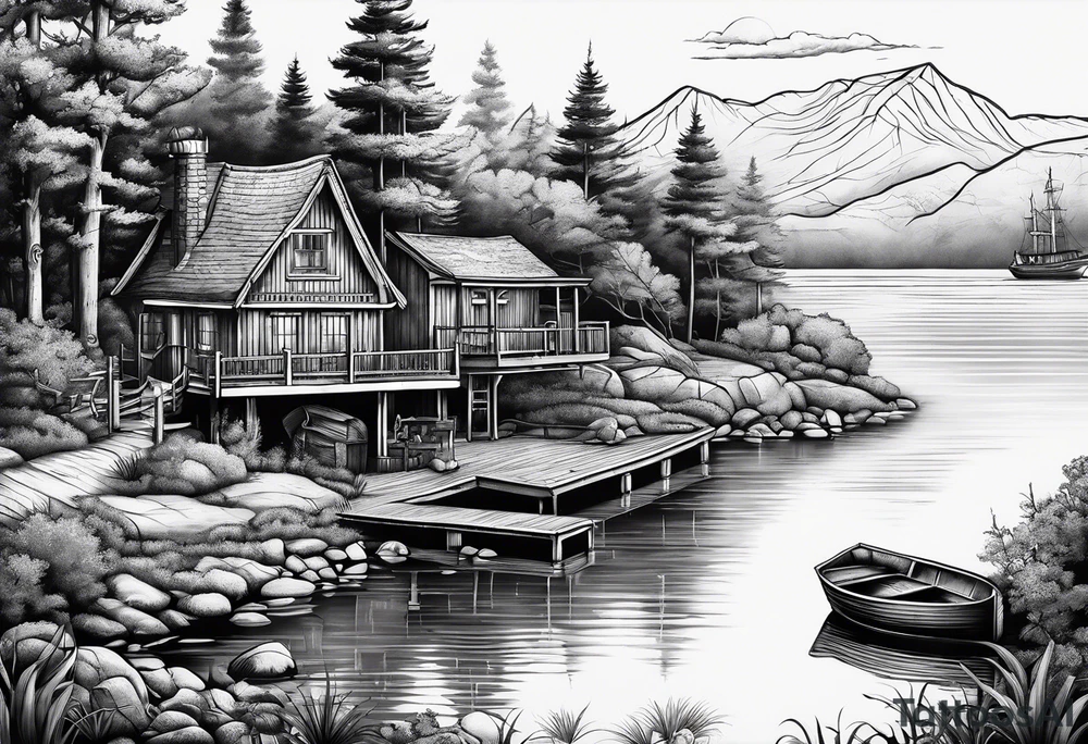 Lake view with wharf tattoo idea