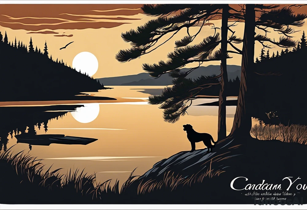 Sleeve tattoo windswept pine tree before lake with low hills on far side of lake. Mastiff silhouette in the foreground. with a dock coming out from the shore. Canadian shield. 
Include the words: "If the sun refused to shine
I would still be loving you
When mountains crumble to the sea
There will still be you and me" tattoo idea