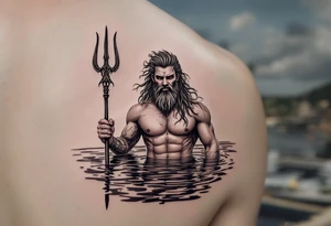 young, happy, fit poseidon in calm water, holding a trident, drinking a beer, with sunset, with ski bare feet tattoo idea