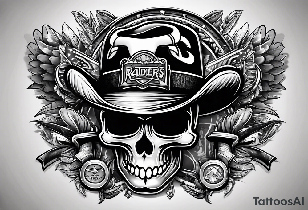 Raiders emblem with gangster drawings inside around words tattoo idea