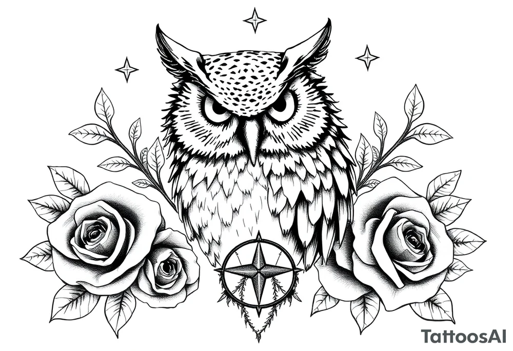 an owl,compass,roses,stars. tattoo idea