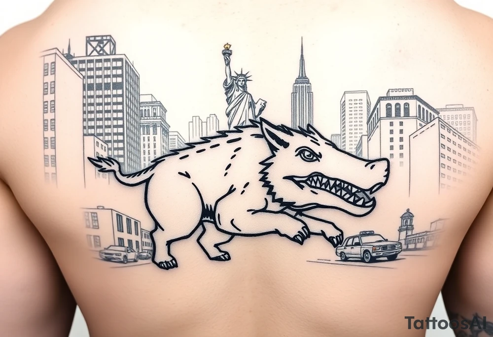 Arkansas razorback running through the streets of New York City with the Statue of Liberty in the background tattoo idea