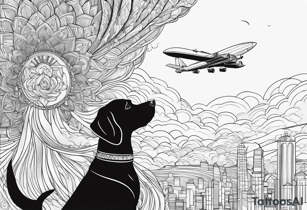 dog in the sky facing woman and trying to reach her hand and woman as her back facing us tattoo idea