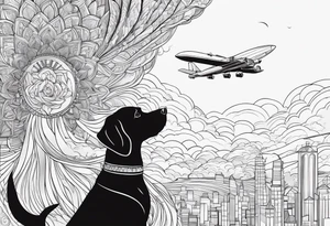 dog in the sky facing woman and trying to reach her hand and woman as her back facing us tattoo idea